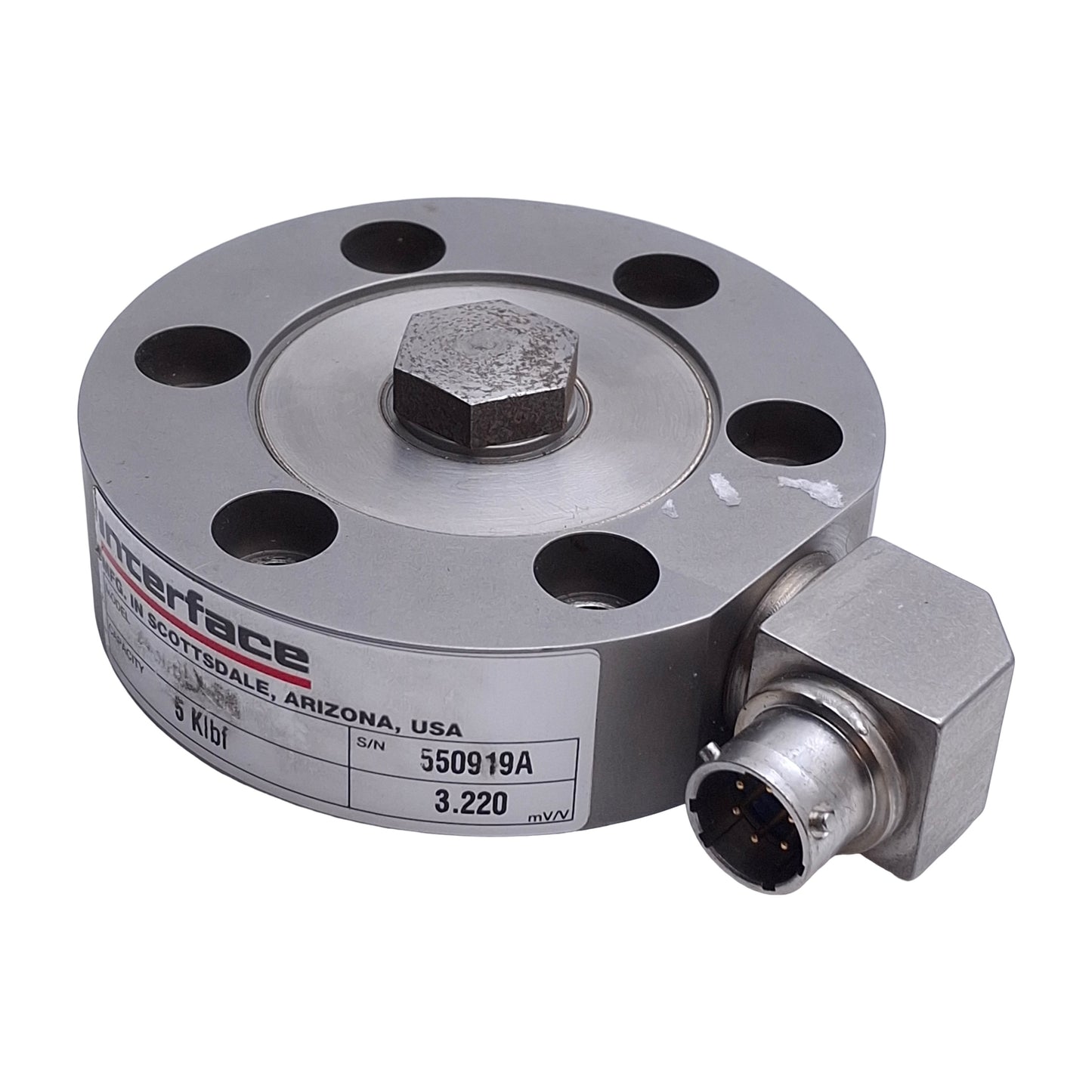 Used Interface 2430BLX-5k Compact Stainless Steel Load Cell 5k lbf, 1/2-20 UNF, 15VDC