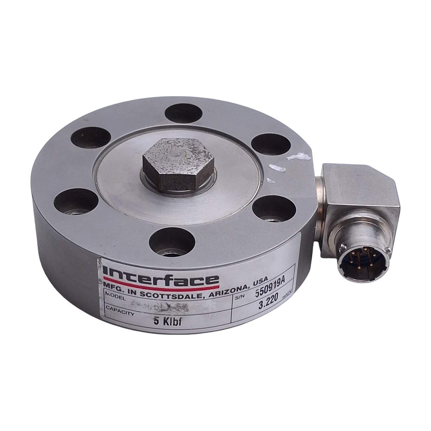 Used Interface 2430BLX-5k Compact Stainless Steel Load Cell 5k lbf, 1/2-20 UNF, 15VDC
