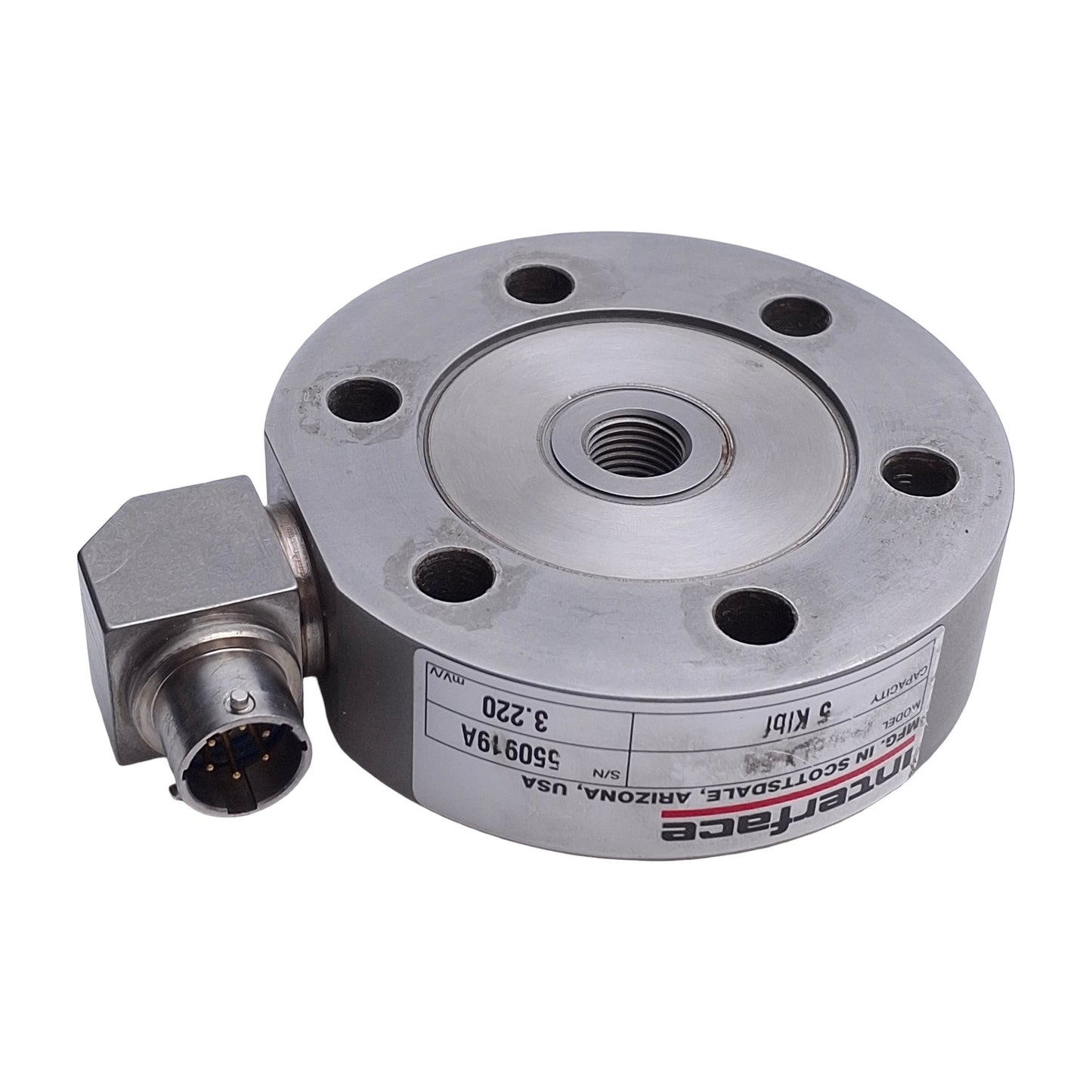 Used Interface 2430BLX-5k Compact Stainless Steel Load Cell 5k lbf, 1/2-20 UNF, 15VDC