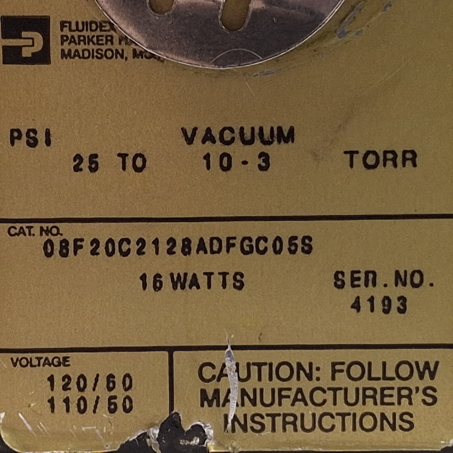 Used Parker 08F20C2128ADFGC05S Solenoid Valve, Vacuum-25psi, 1/2in NPT, 120VAC Coil