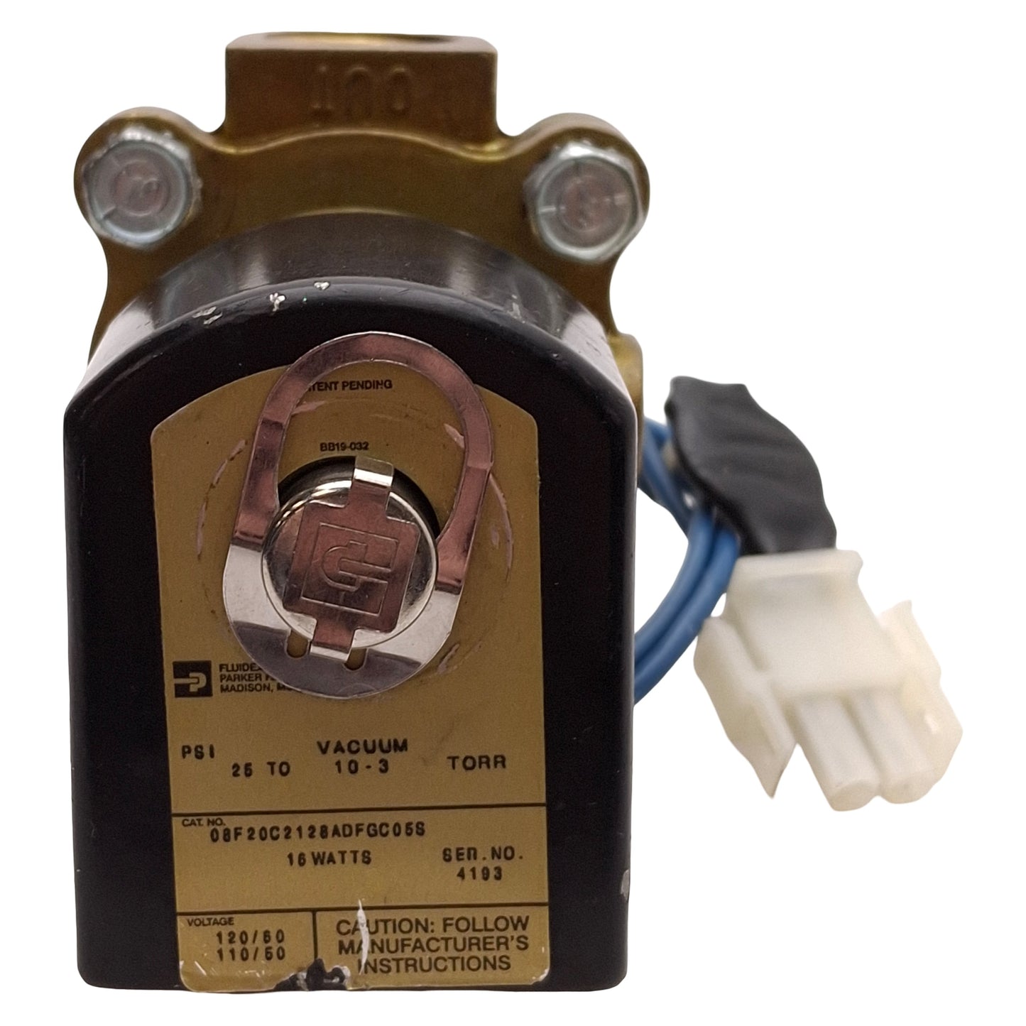 Used Parker 08F20C2128ADFGC05S Solenoid Valve, Vacuum-25psi, 1/2in NPT, 120VAC Coil