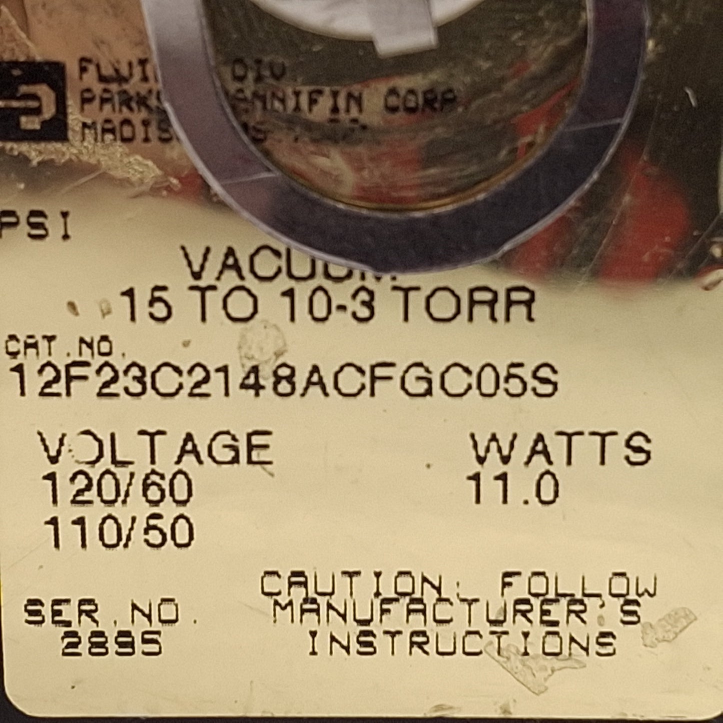 Used Parker 12F23C2148ACFGC05S Solenoid Valve, Vacuum-15psi, 3/4in NPT, 120VAC Coil