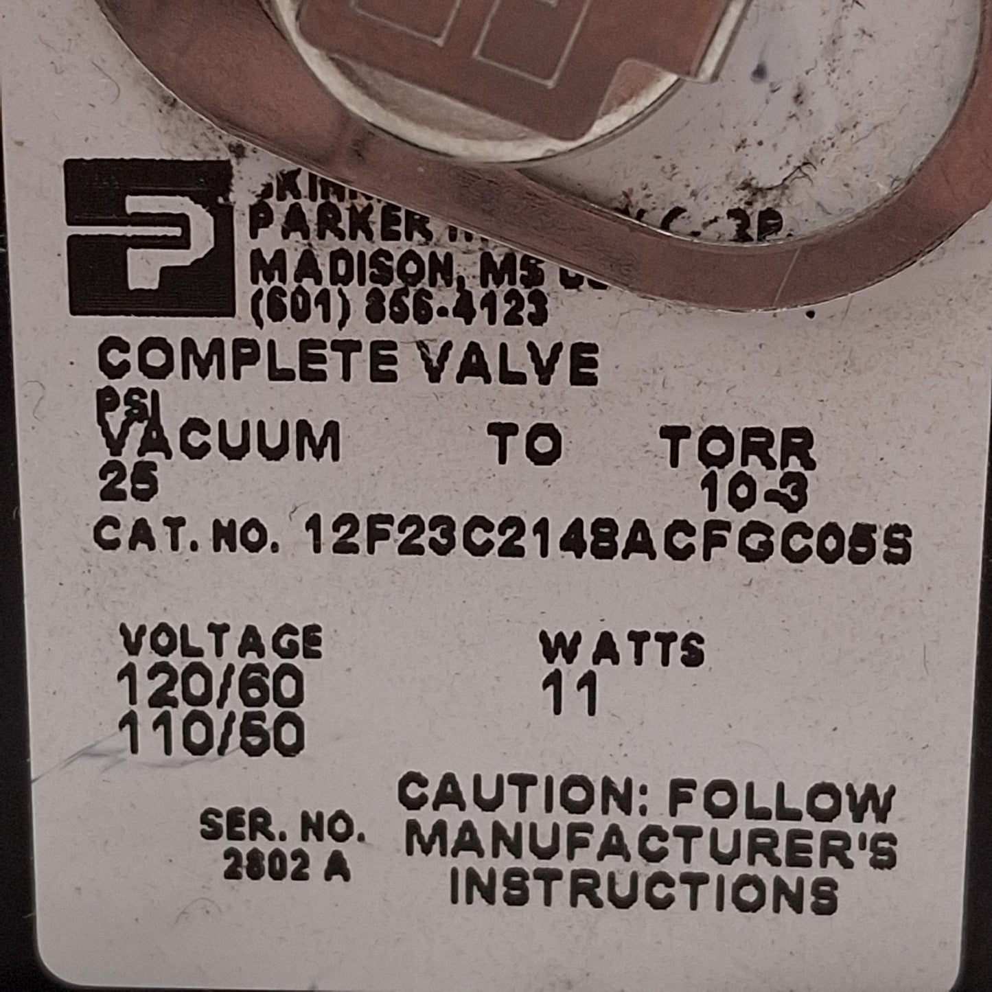 Used Parker 12F23C2148ACFGC05S Solenoid Valve, Vacuum-25psi, 3/4in NPT, 120VAC Coil