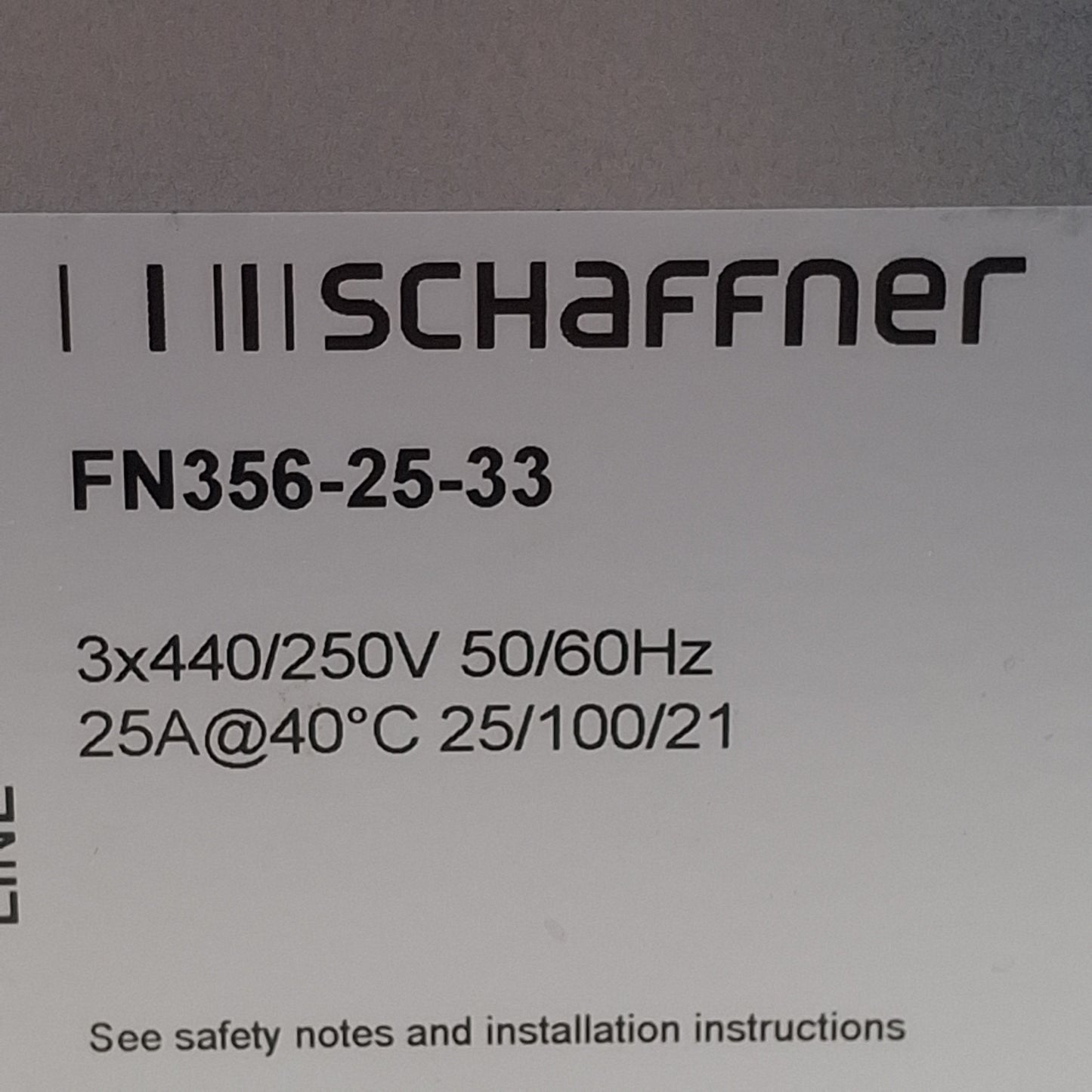Used Schaffner FN356-25-33 Three-Phase Neutral Line Filter, 25A, 3x440/250VAC