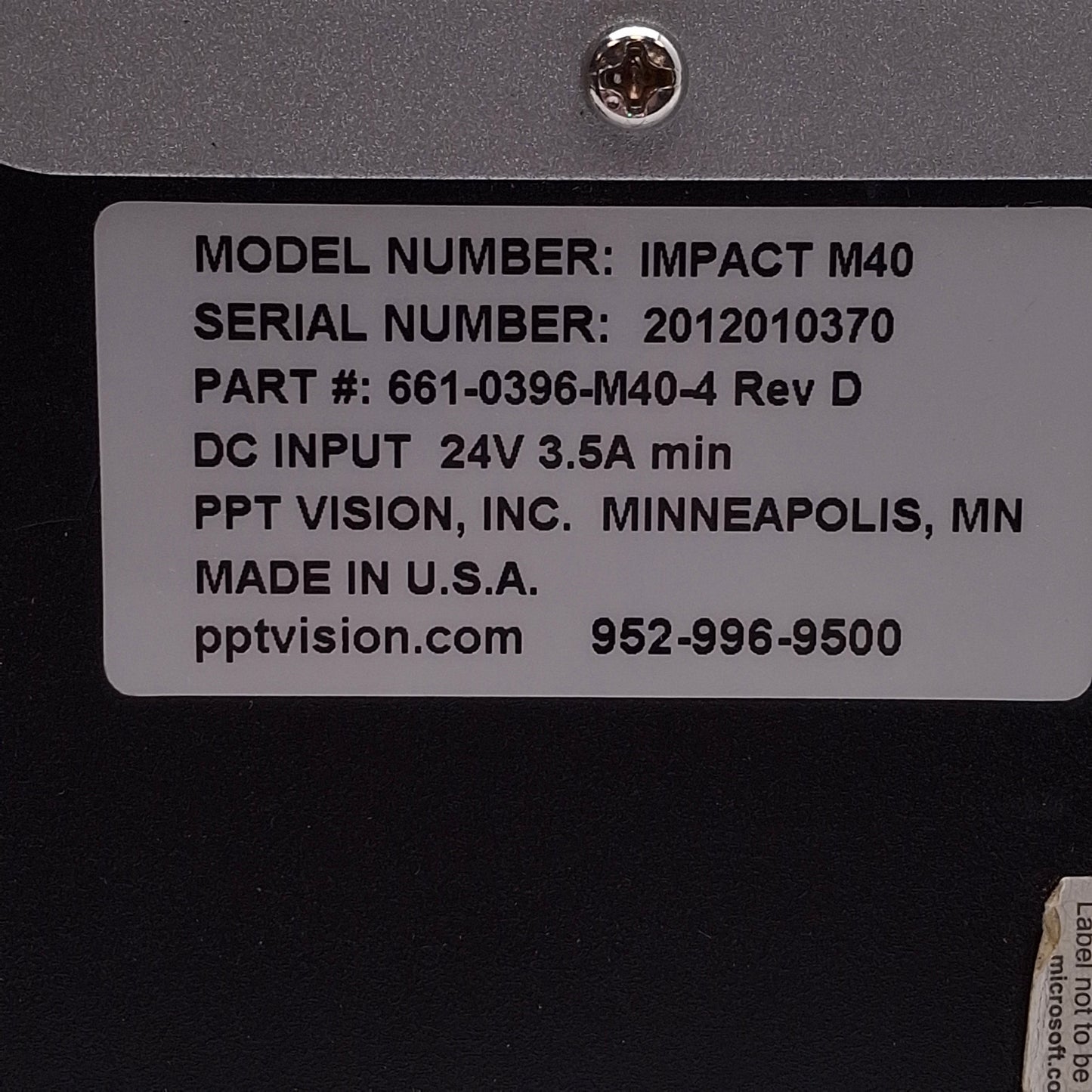Used PPT Vision 661-0396-M40-4 Rev D Impact M40 Embedded Vision System, 24VDC