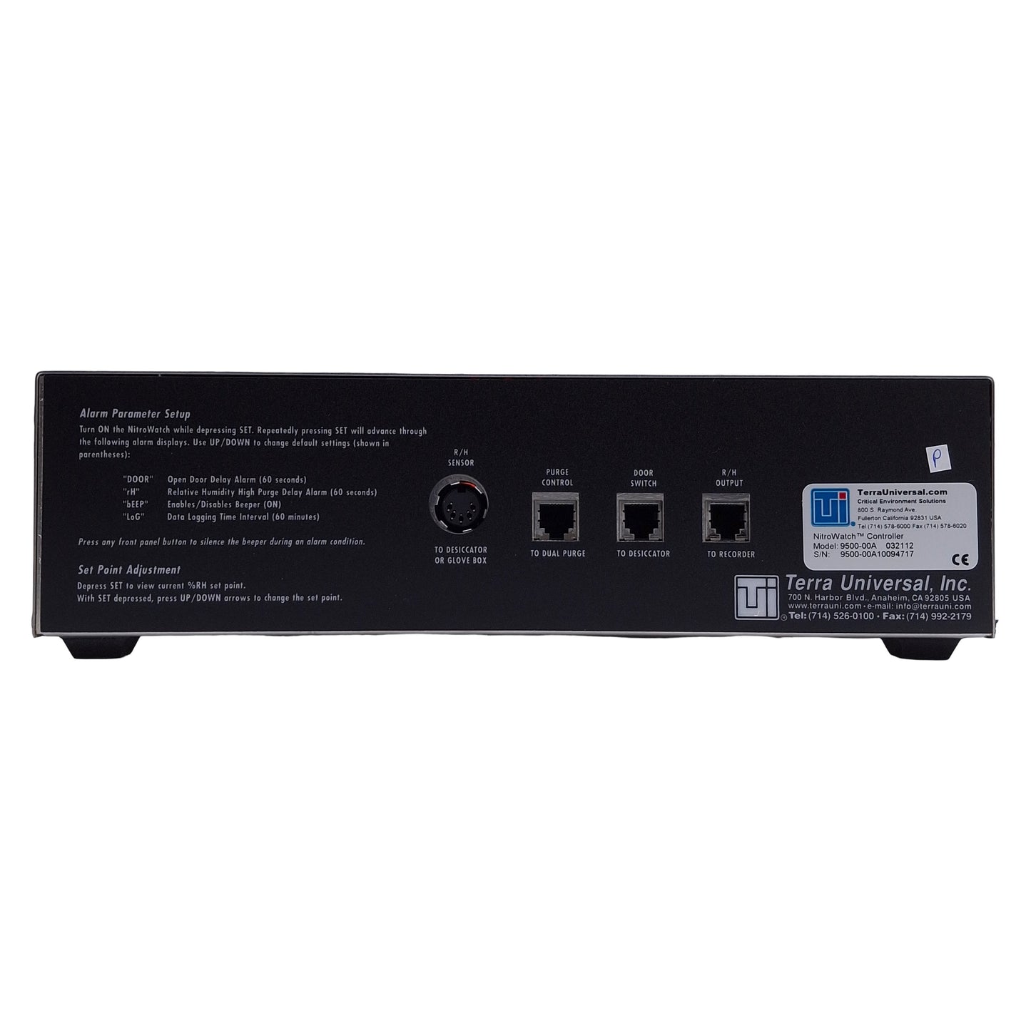 New – Open box Terra Universal 9500-00A NitroWatch Humidity Controller 24VDC, 0-100%RH Range