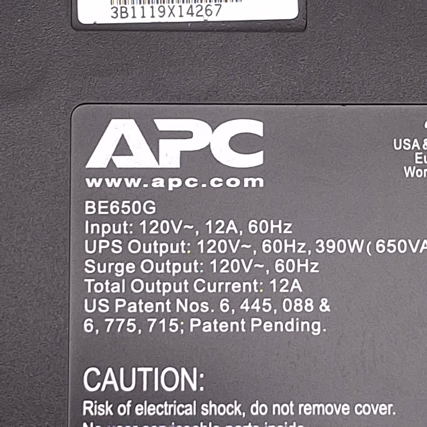 Used APC BE650G Battery Backup Surge Protector 120VAC, 12A, 8-Outlets, NEMA 5-15R