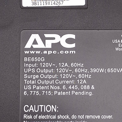 Used APC BE650G Battery Backup Surge Protector 120VAC, 12A, 8-Outlets, NEMA 5-15R