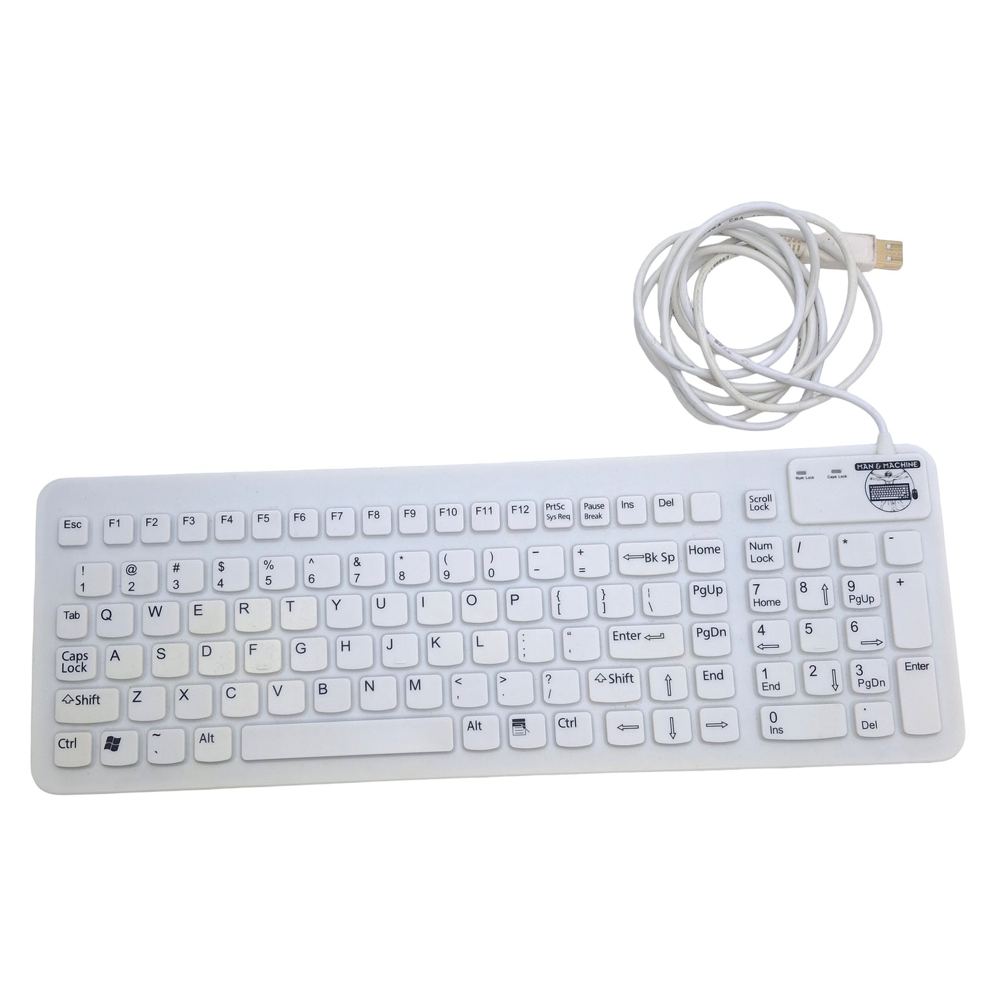 Used Man & Machine Simply Cool Drip Proof Full Size Keyboard USB, 15x5.5in, 6ft Cable