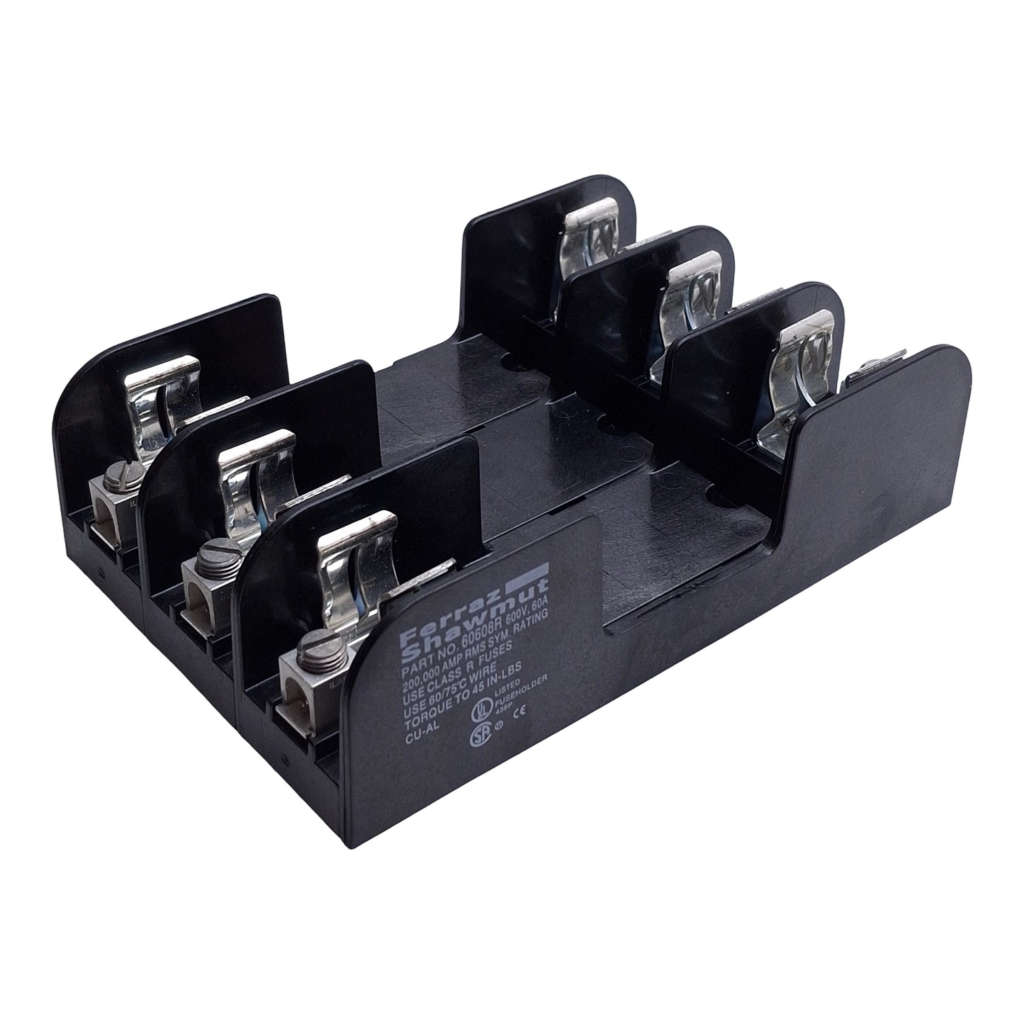 Used Ferraz Shawmut Mersen 60608R Fuse Holder Block, 3-Pole, Class RK1/5 Fuse, 60A