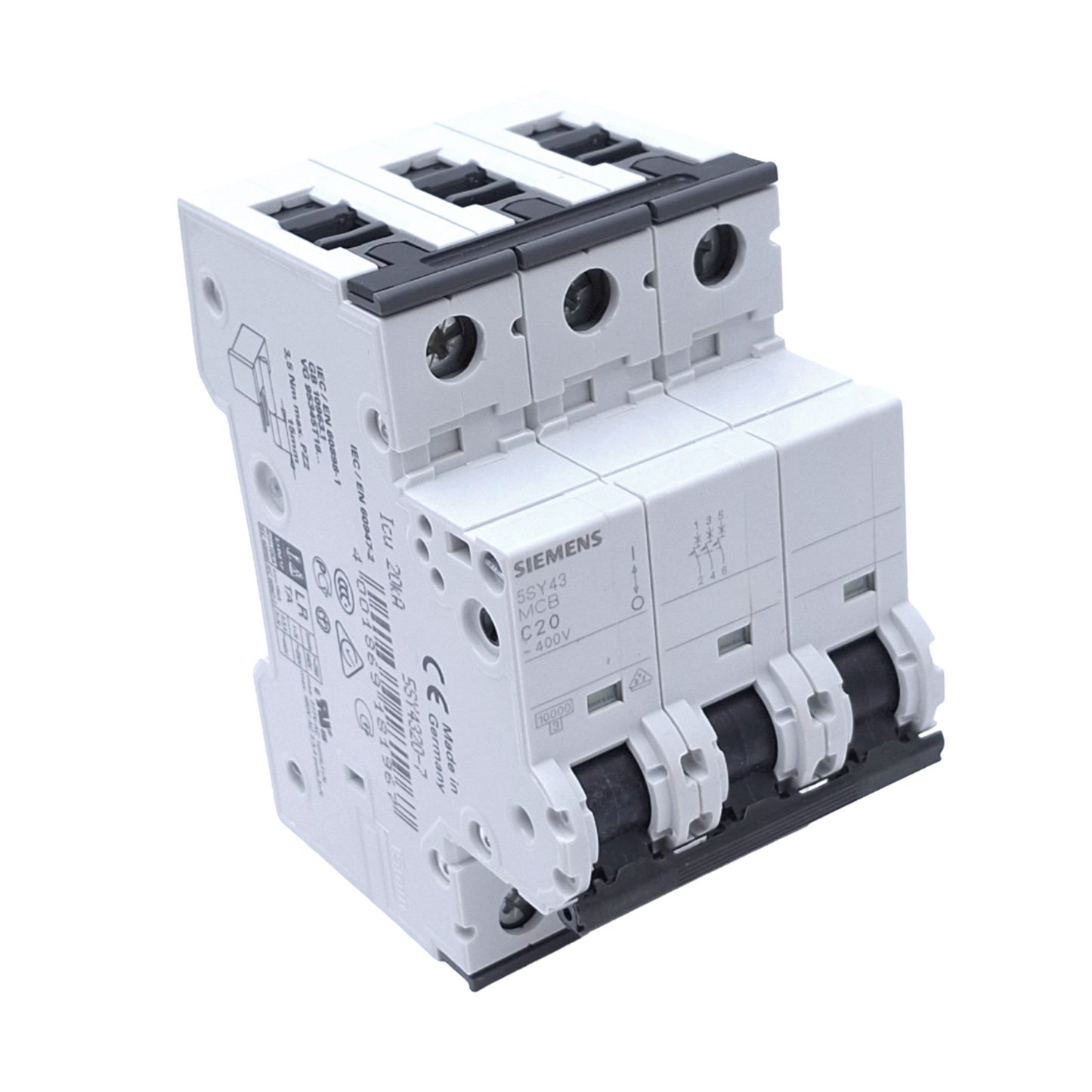 Used Siemens 5SY4320-7 Circuit Breaker, 3-Pole 20A, 400VAC Max, DIN Rail