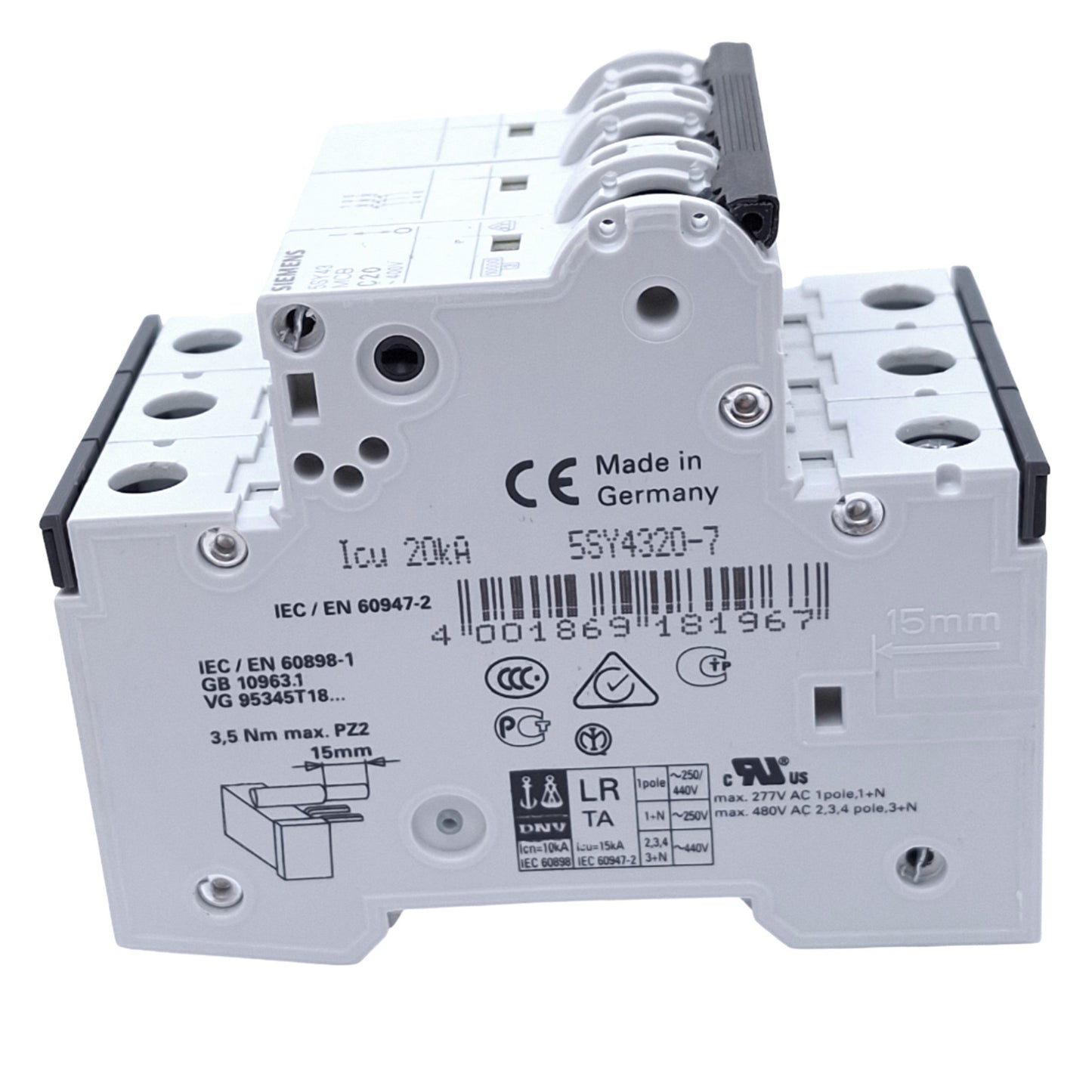 Used Siemens 5SY4320-7 Circuit Breaker, 3-Pole 20A, 400VAC Max, DIN Rail