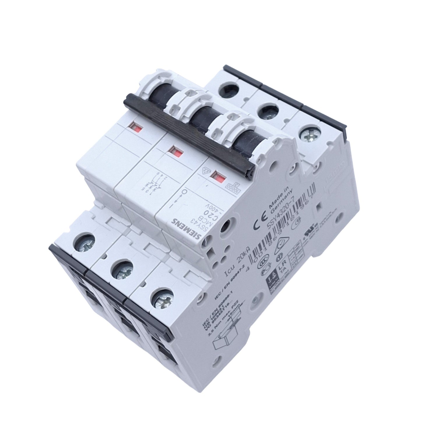 Used Siemens 5SY4320-7 Circuit Breaker, 3-Pole 20A, 400VAC Max, DIN Rail