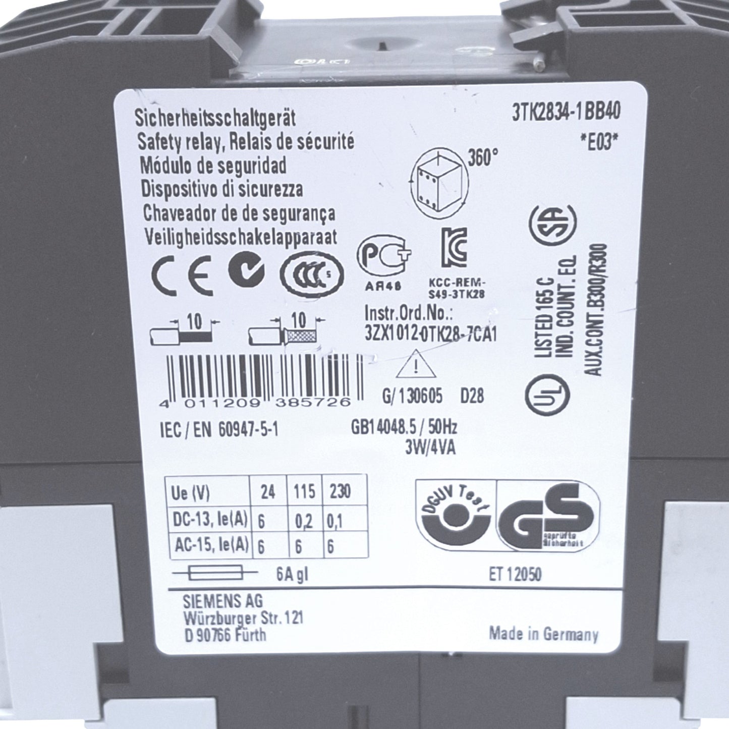 Used Siemens 3TK2834-1BB40 SIRIUS Safety Relay, 2NO 2NC, 24VDC In, DIN Rail