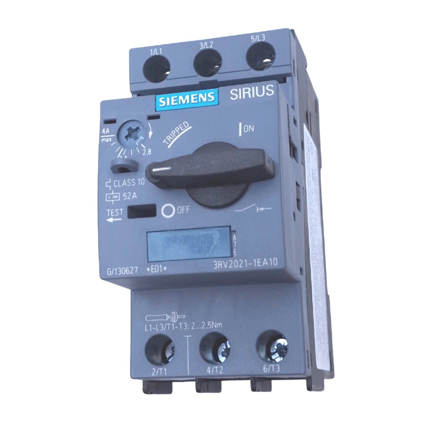 Used Siemens 3RV2021-1EA10 SIRIUS Motor Circuit Breaker, 3-Pole 2.8-4A, 690VAC Max