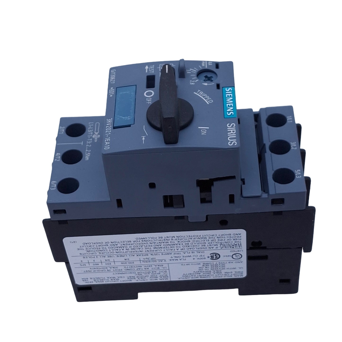 Used Siemens 3RV2021-1EA10 SIRIUS Motor Circuit Breaker, 3-Pole 2.8-4A, 690VAC Max