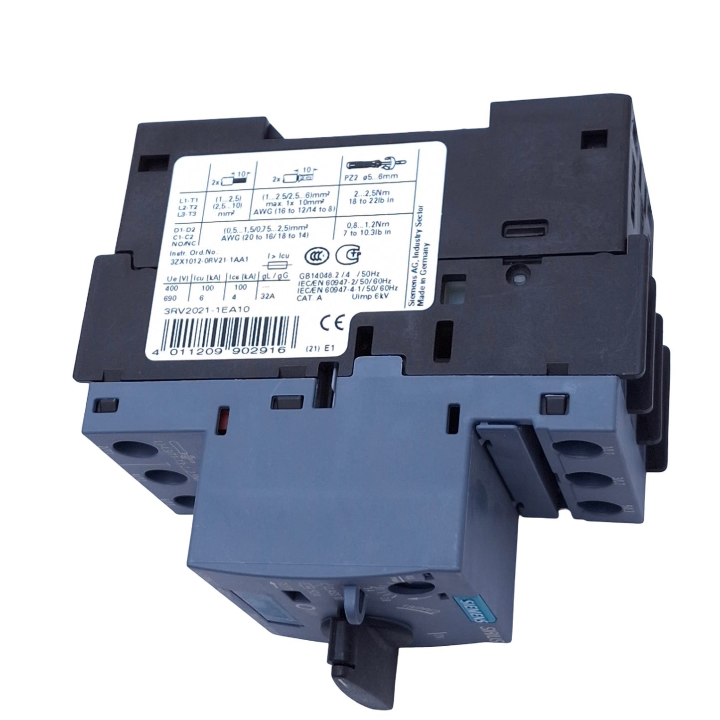 Used Siemens 3RV2021-1EA10 SIRIUS Motor Circuit Breaker, 3-Pole 2.8-4A, 690VAC Max