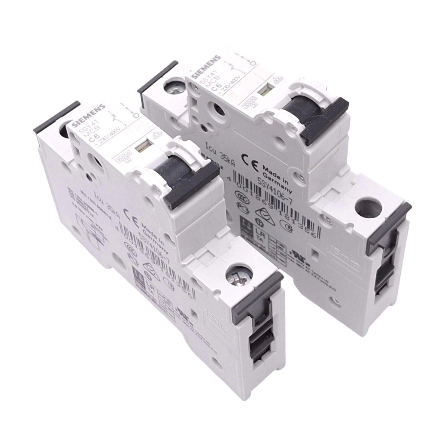 Used Lot of 2 Siemens 5SY4106-7 Circuit Breakers, 1-Pole 6A, 230/400VAC Max, DIN Rail