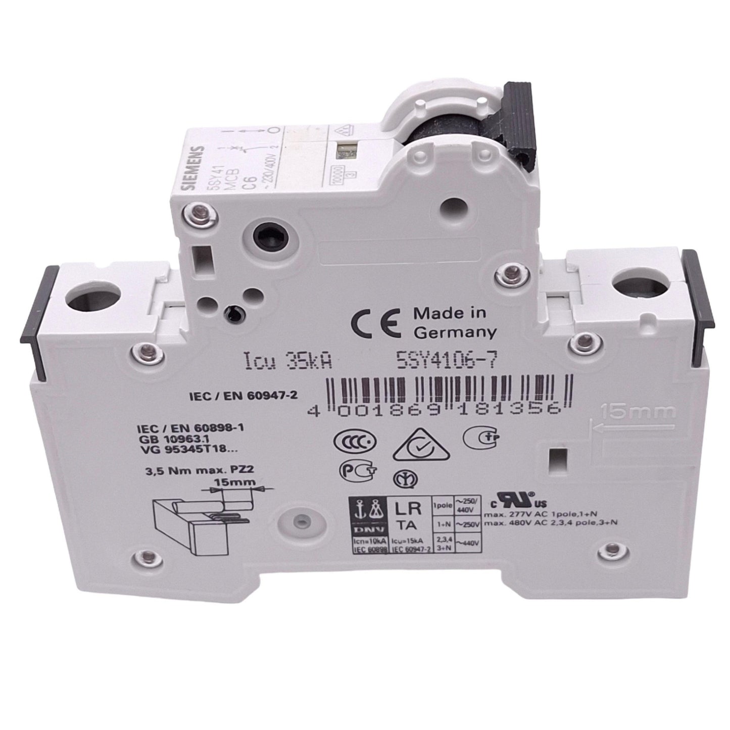Used Lot of 2 Siemens 5SY4106-7 Circuit Breakers, 1-Pole 6A, 230/400VAC Max, DIN Rail