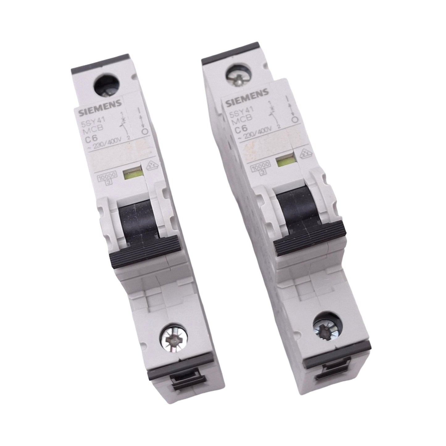 Used Lot of 2 Siemens 5SY4106-7 Circuit Breakers, 1-Pole 6A, 230/400VAC Max, DIN Rail