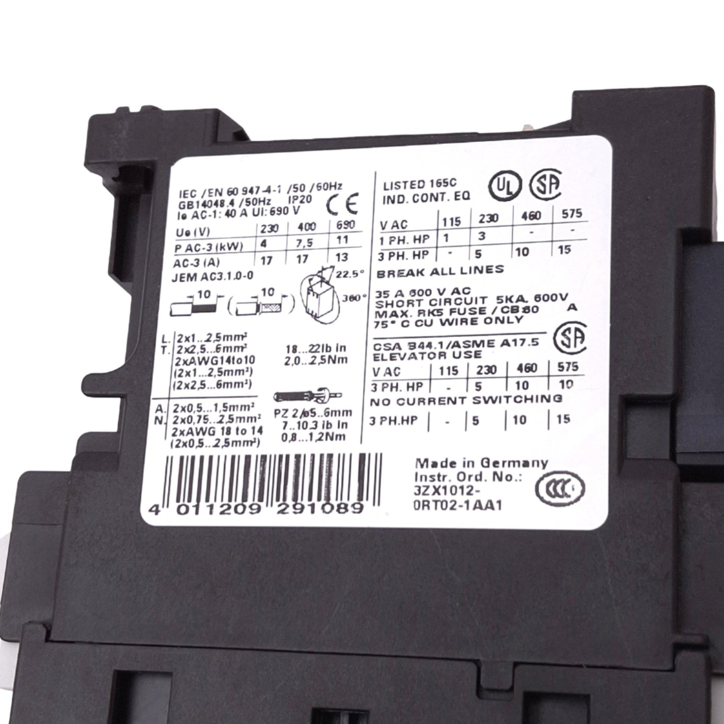 Used Siemens 3RT1025-1BB40 SIRIUS Contactor, 3-Pole, 17A AC-3 Max, 24VDC Coil
