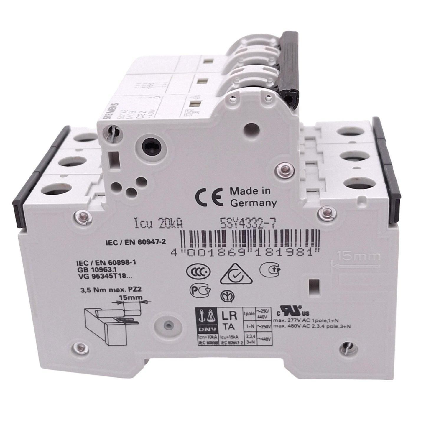 Used Siemens 5SY4332-7 Circuit Breaker, 3-Pole 32A, 400VAC Max, DIN Rail