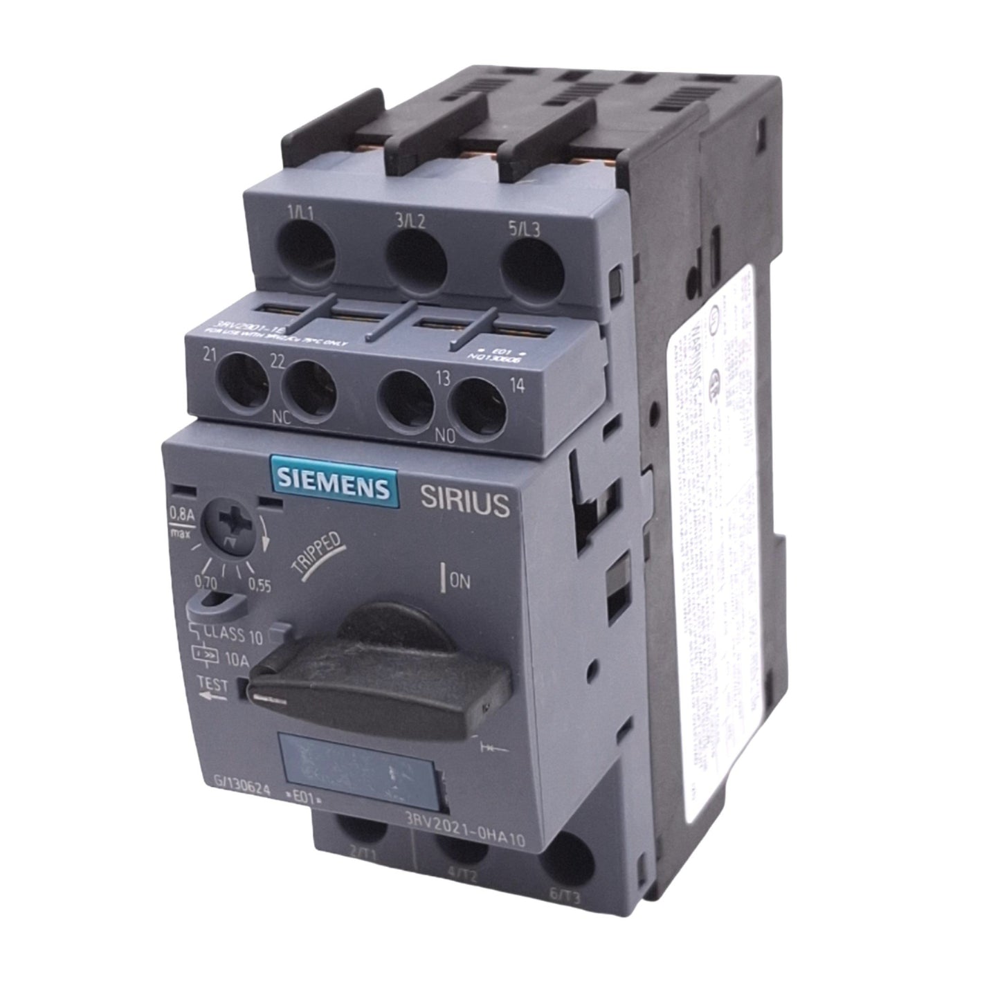 Used Siemens 3RV2021-0HA10 SIRIUS Motor Circuit Breaker, 3-Pole 0.55-0.8A, 690VAC Max