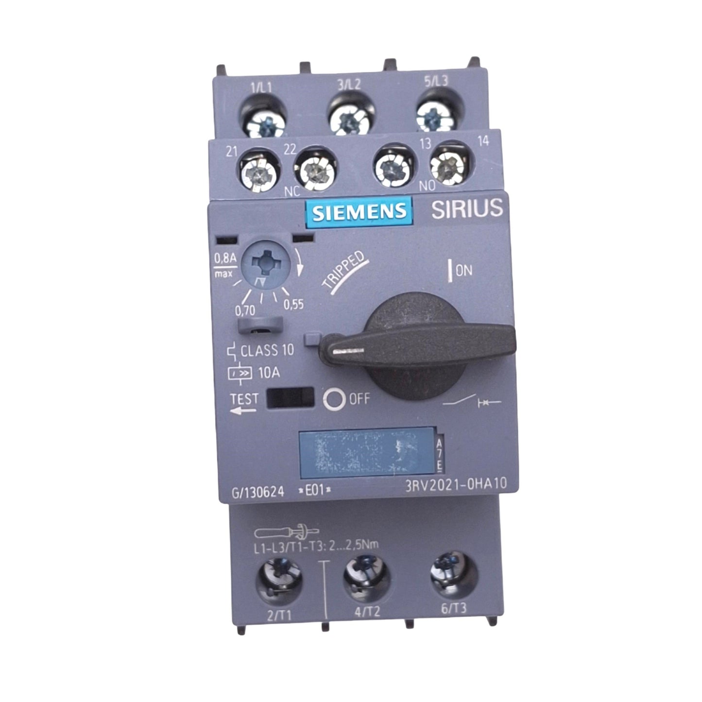 Used Siemens 3RV2021-0HA10 SIRIUS Motor Circuit Breaker, 3-Pole 0.55-0.8A, 690VAC Max