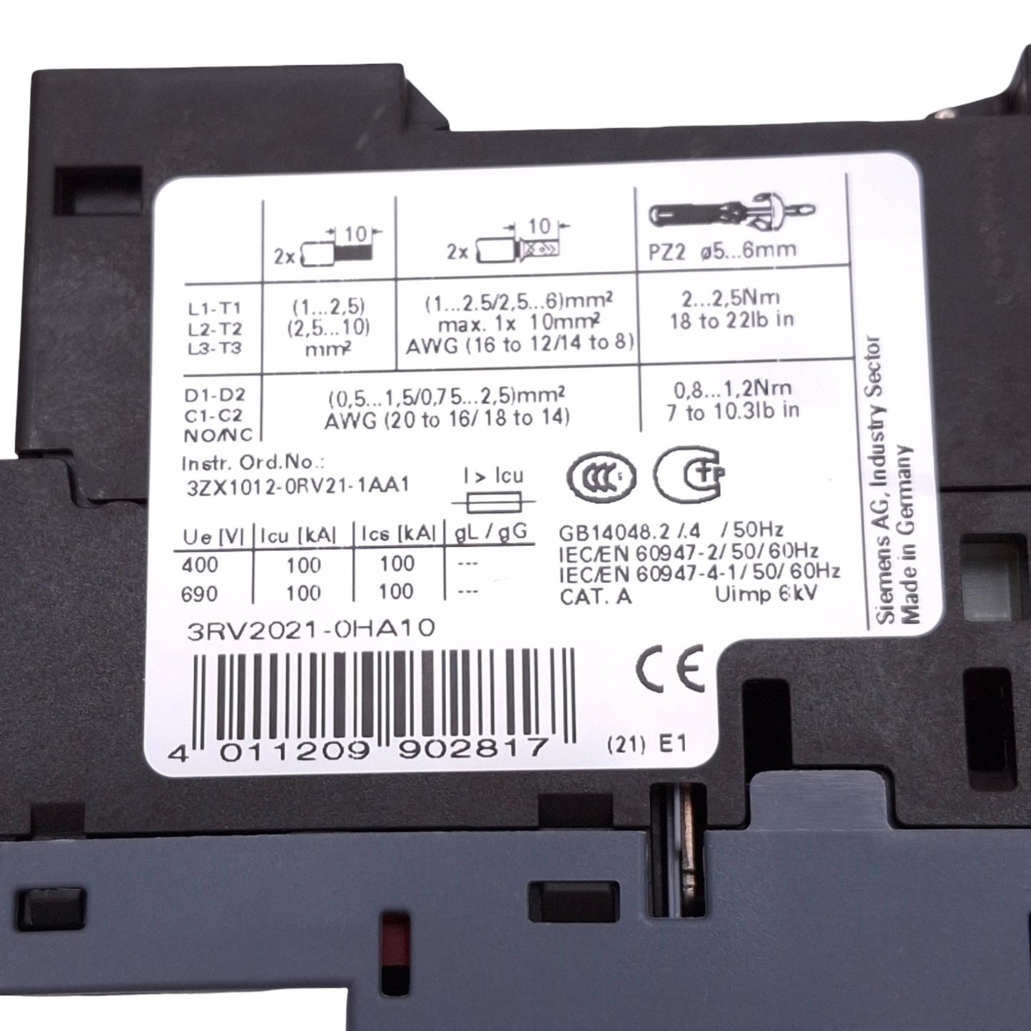 Used Siemens 3RV2021-0HA10 SIRIUS Motor Circuit Breaker, 3-Pole 0.55-0.8A, 690VAC Max
