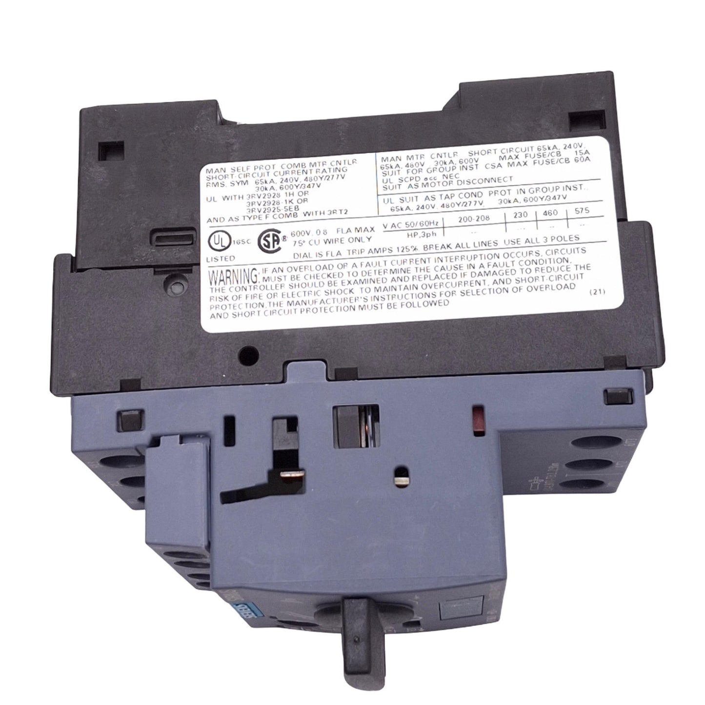 Used Siemens 3RV2021-0HA10 SIRIUS Motor Circuit Breaker, 3-Pole 0.55-0.8A, 690VAC Max