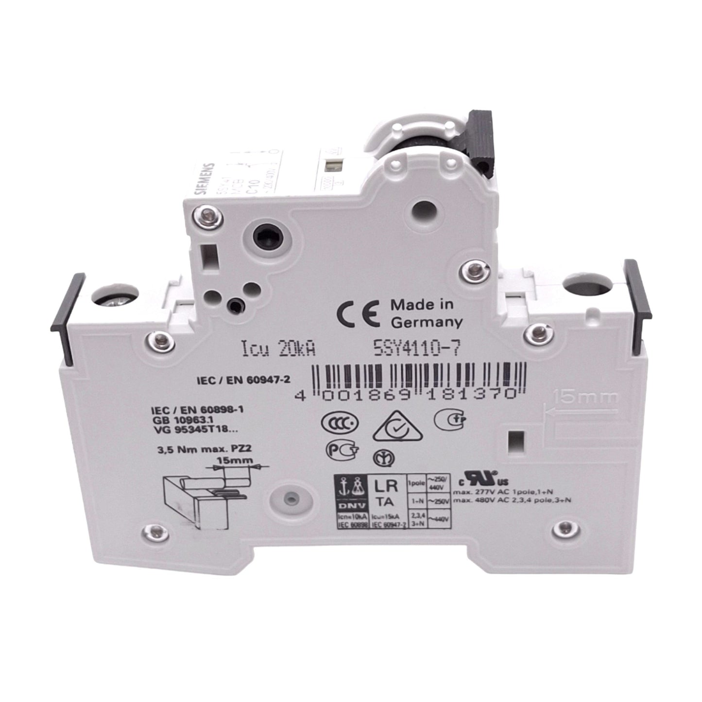 Used Siemens 5SY4110-7 Circuit Breaker, 1-Pole 10A, 230/400VAC Max, DIN Rail