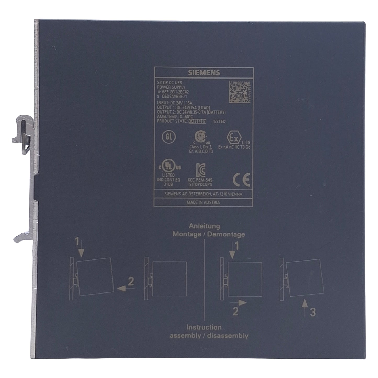 Used Siemens 6EP1931-2EC42 Power Supply Module 24VDC 16A In, 25VDC 15A Out, DIN Rail