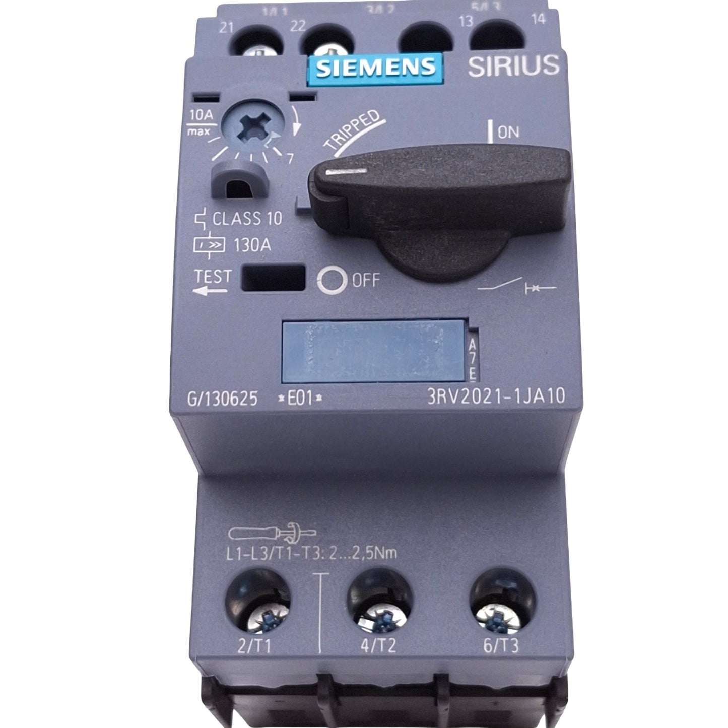 Used Siemens 3RV2021-1JA10 SIRIUS Motor Circuit Breaker, 3-Pole 7-10A, 690VAC Max