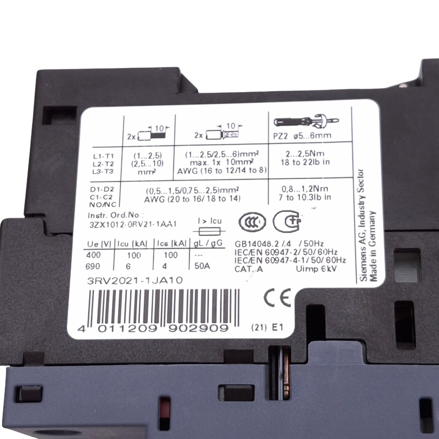 Used Siemens 3RV2021-1JA10 SIRIUS Motor Circuit Breaker, 3-Pole 7-10A, 690VAC Max
