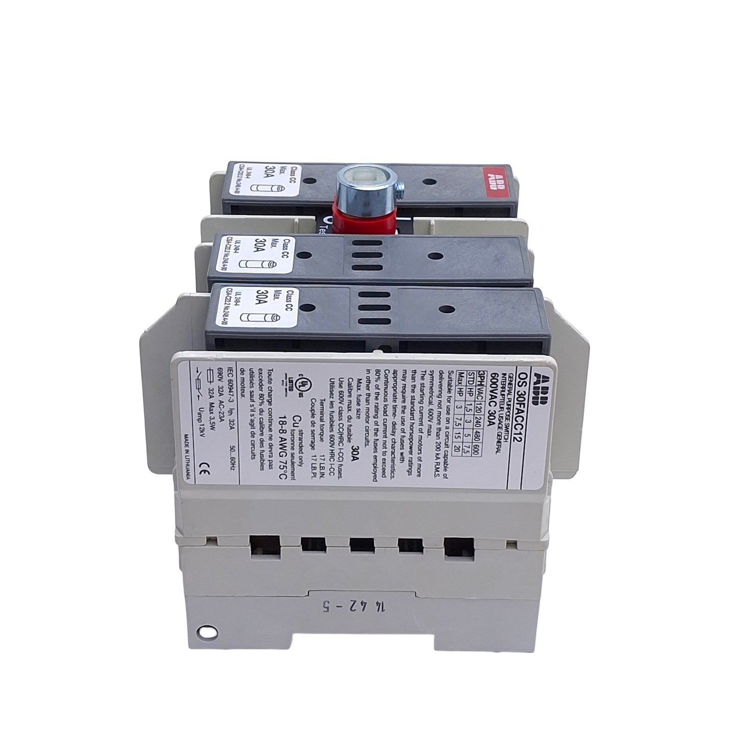 Used ABB OS30FACC12 Fusible Disconnect Switch, 3-Pole, 600VAC 30A, Class CC Fuses