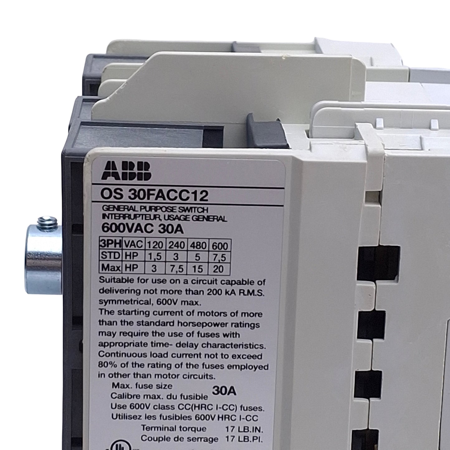 Used ABB OS30FACC12 Fusible Disconnect Switch, 3-Pole, 600VAC 30A, Class CC Fuses