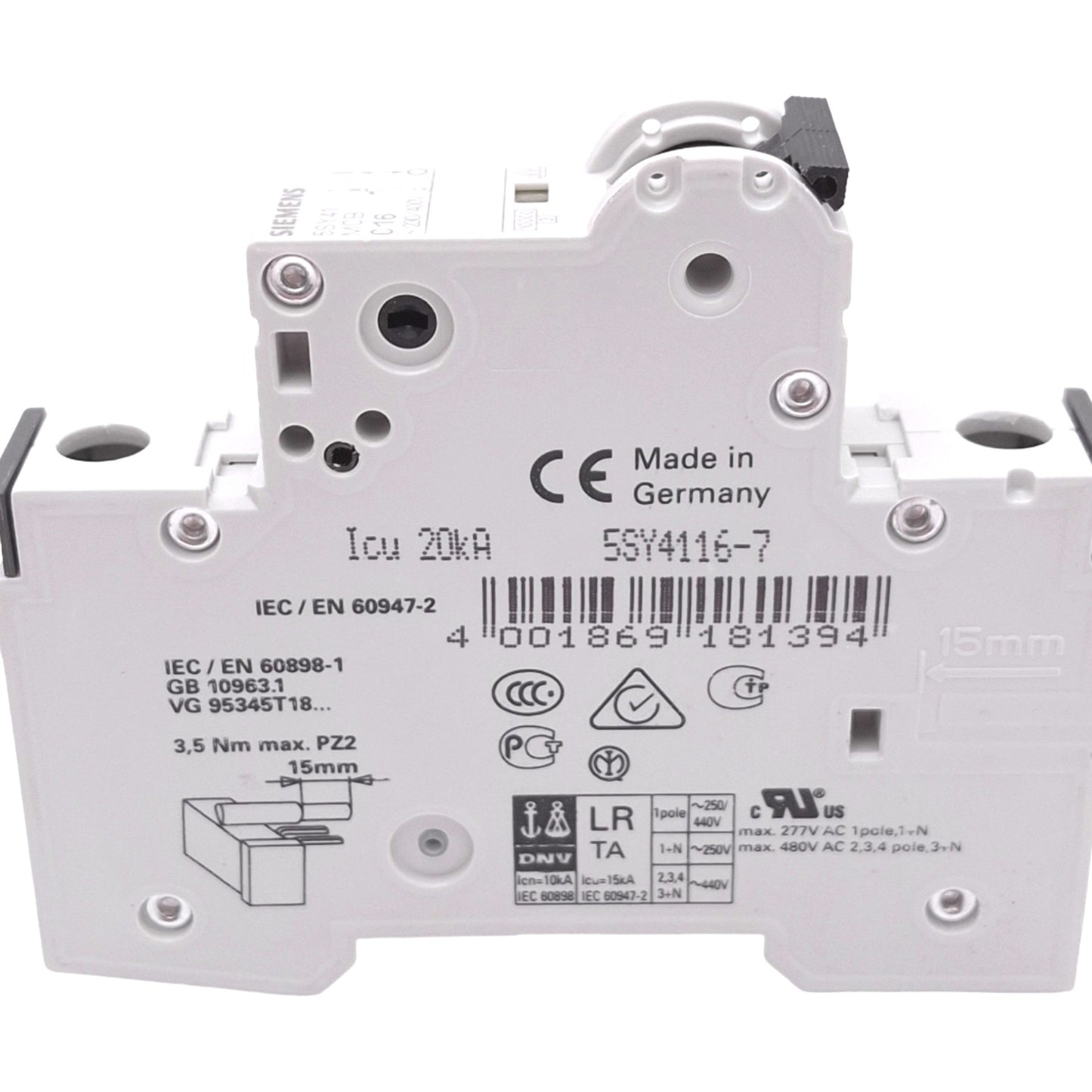 Used Siemens 5SY4116-7 Circuit Breaker, 1-Pole 16A, 230/400VAC Max, DIN Rail