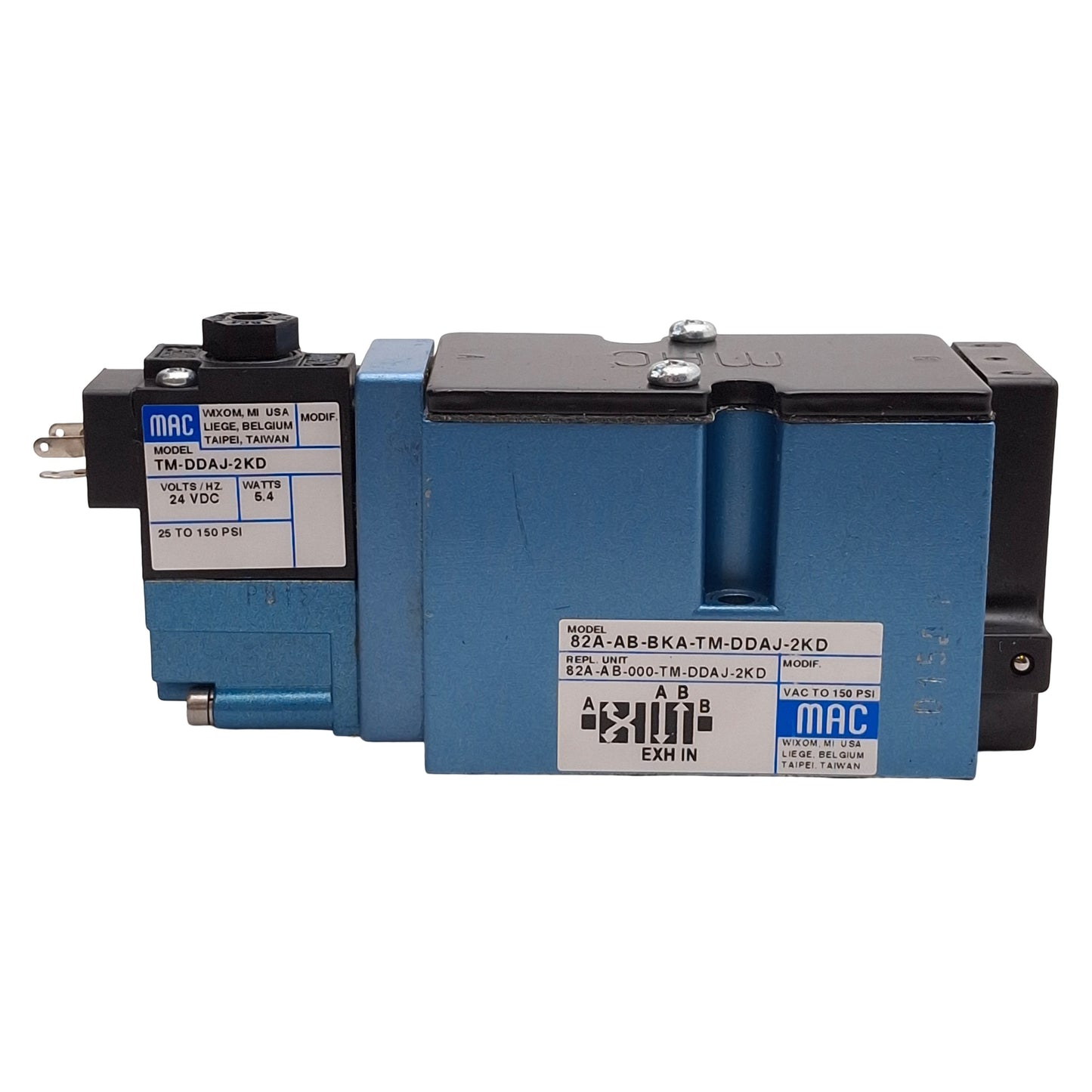 Used Mac 82A-AB-000-TM-DAJ-2KD Solenoid Valve, 4/2-Way, 25-150psi, 24VDC Coil