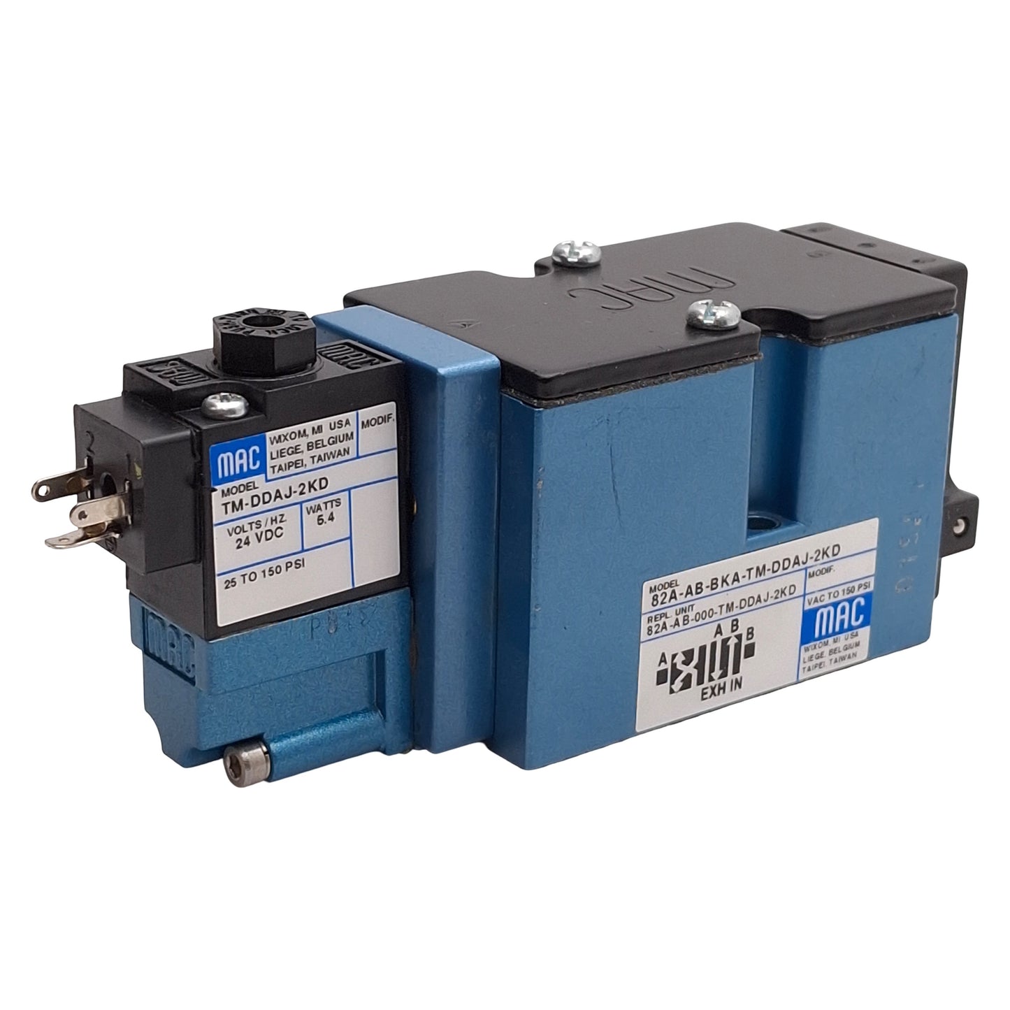 Used Mac 82A-AB-000-TM-DAJ-2KD Solenoid Valve, 4/2-Way, 25-150psi, 24VDC Coil