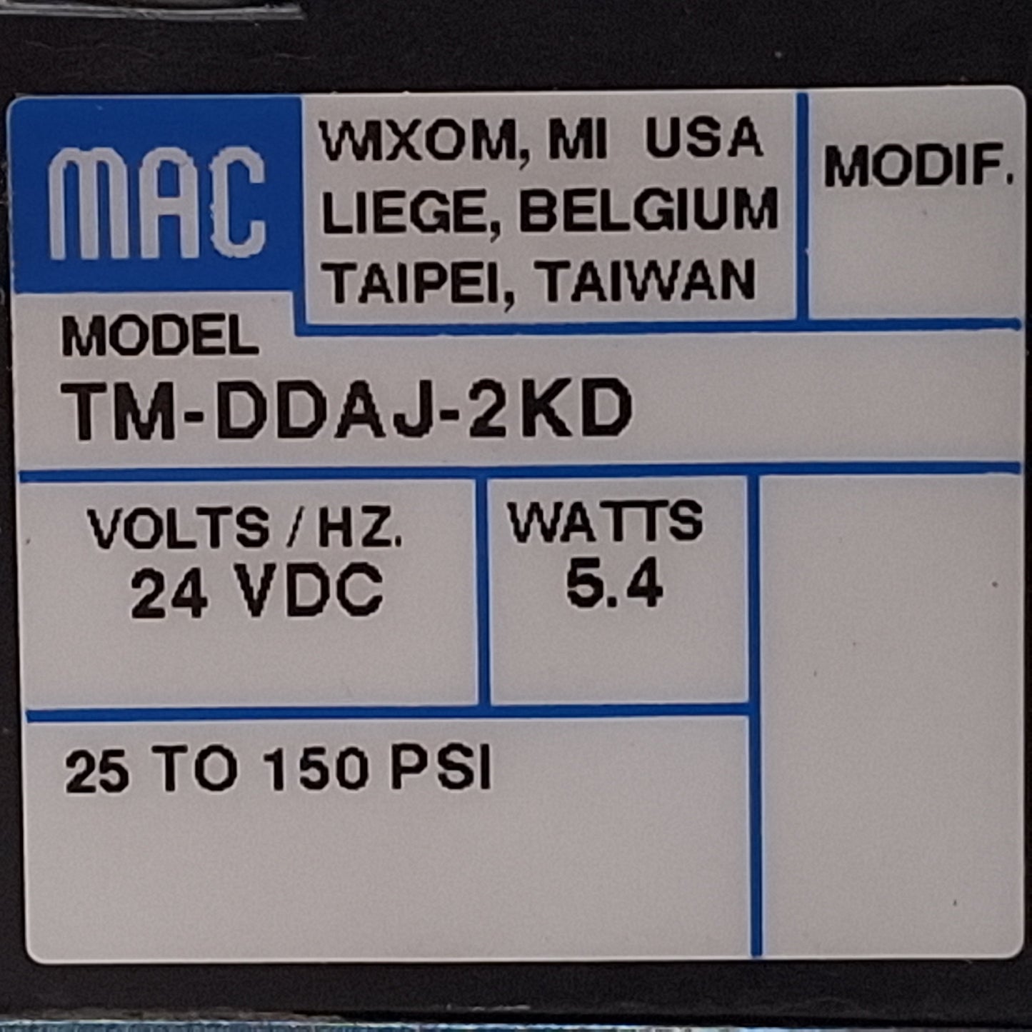 Used Mac 82A-AB-000-TM-DAJ-2KD Solenoid Valve, 4/2-Way, 25-150psi, 24VDC Coil