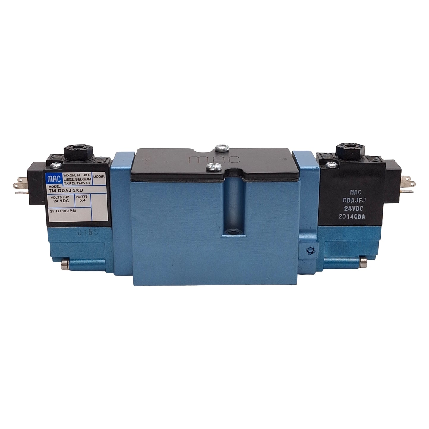Used Mac 82A-FB-000-TM-DAJ-2KD Dual Solenoid Valve, 4/3-Way, 25-150psi, 24VDC Coils