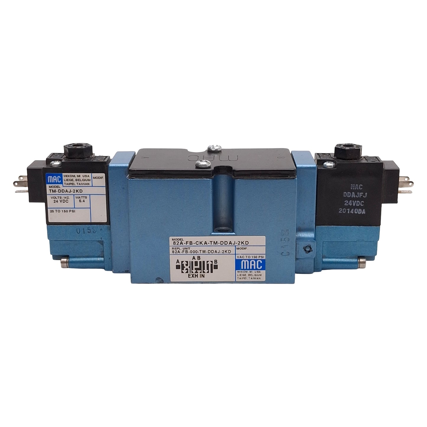 Used Mac 82A-FB-000-TM-DAJ-2KD Dual Solenoid Valve, 4/3-Way, 25-150psi, 24VDC Coils