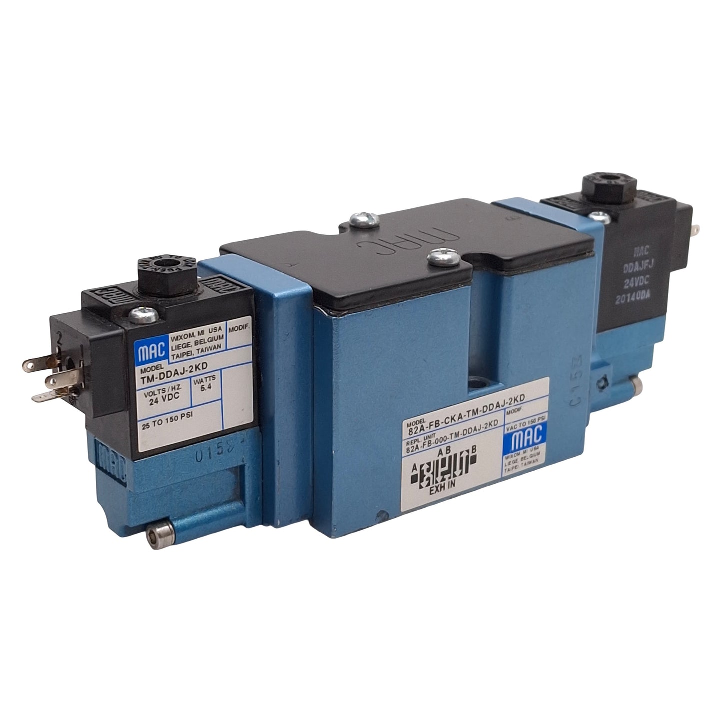 Used Mac 82A-FB-000-TM-DAJ-2KD Dual Solenoid Valve, 4/3-Way, 25-150psi, 24VDC Coils