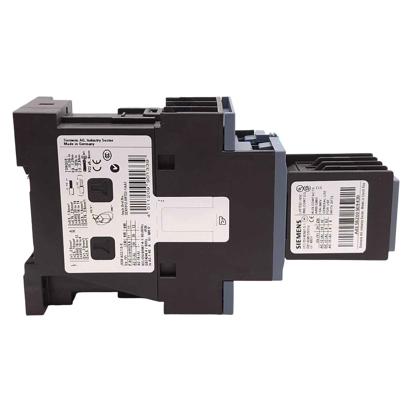 Used Siemens 3RT2026-1DB44-3MA0 Contactor, 3P, 2NO+2NC, 20HP @ 3Ø 575VAC, 24VDC Coil