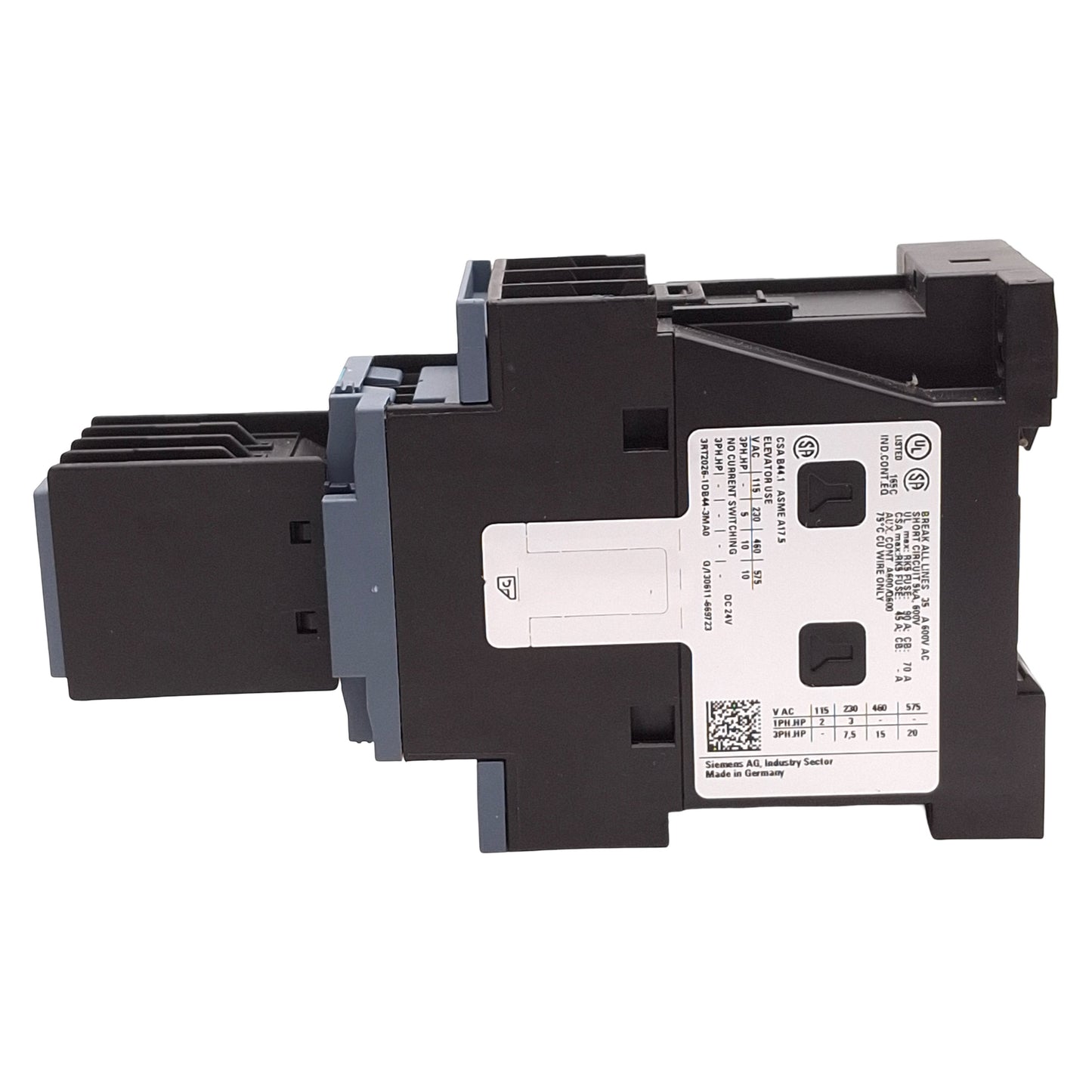 Used Siemens 3RT2026-1DB44-3MA0 Contactor, 3P, 2NO+2NC, 20HP @ 3Ø 575VAC, 24VDC Coil