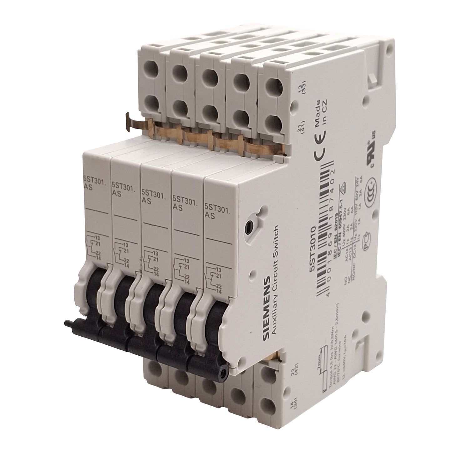 Used Lot of 5 Siemens 5ST3010 Auxiliary Circuit Switch, 1NO+1NC, 6A 230VAC/24VDC