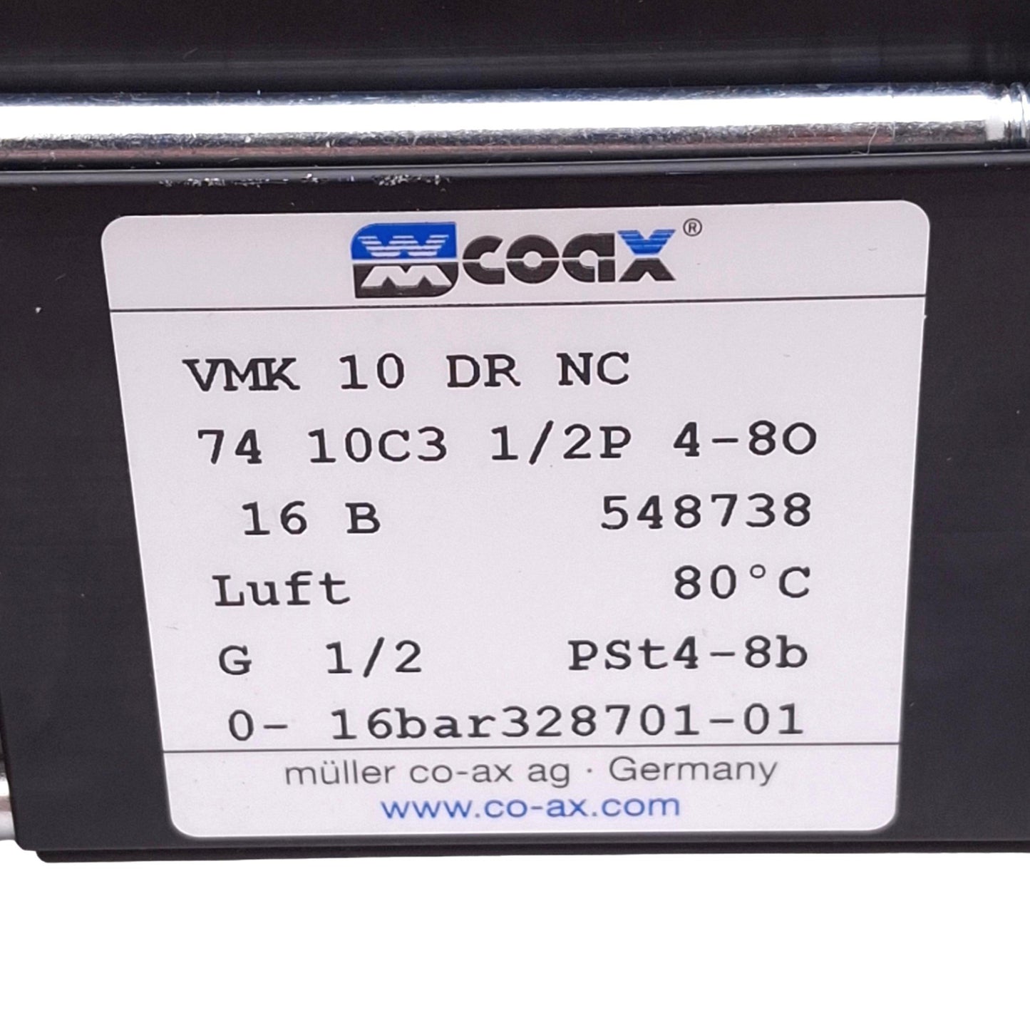 Used Muller Coax VMK 10 DR NC Coaxial Valve, 3/2-Way NC, 0-16bar Max, G 1/2