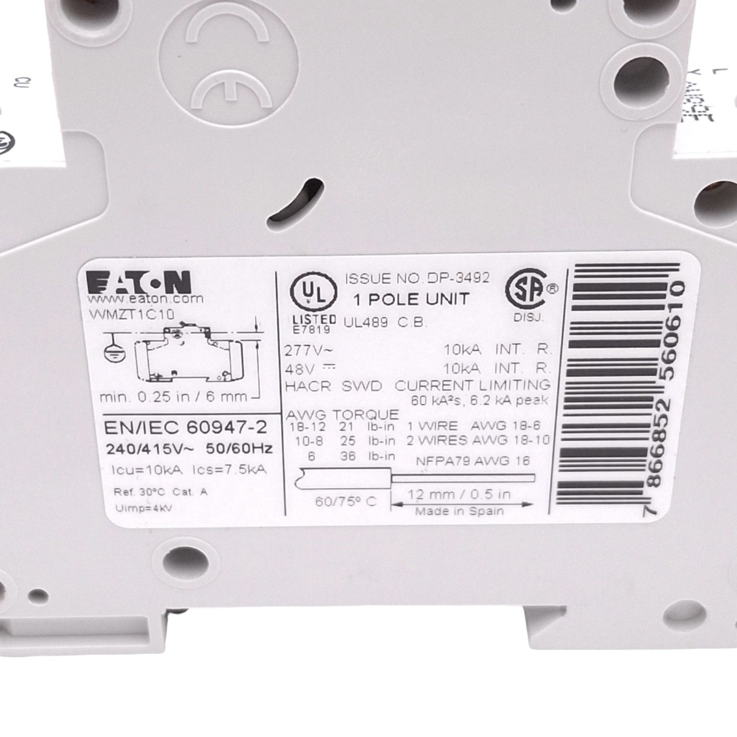 Used Eaton WMZT1C10 Circuit Breaker, 1-Pole, 10A, 48VDC 277VAC Max, DIN Rail