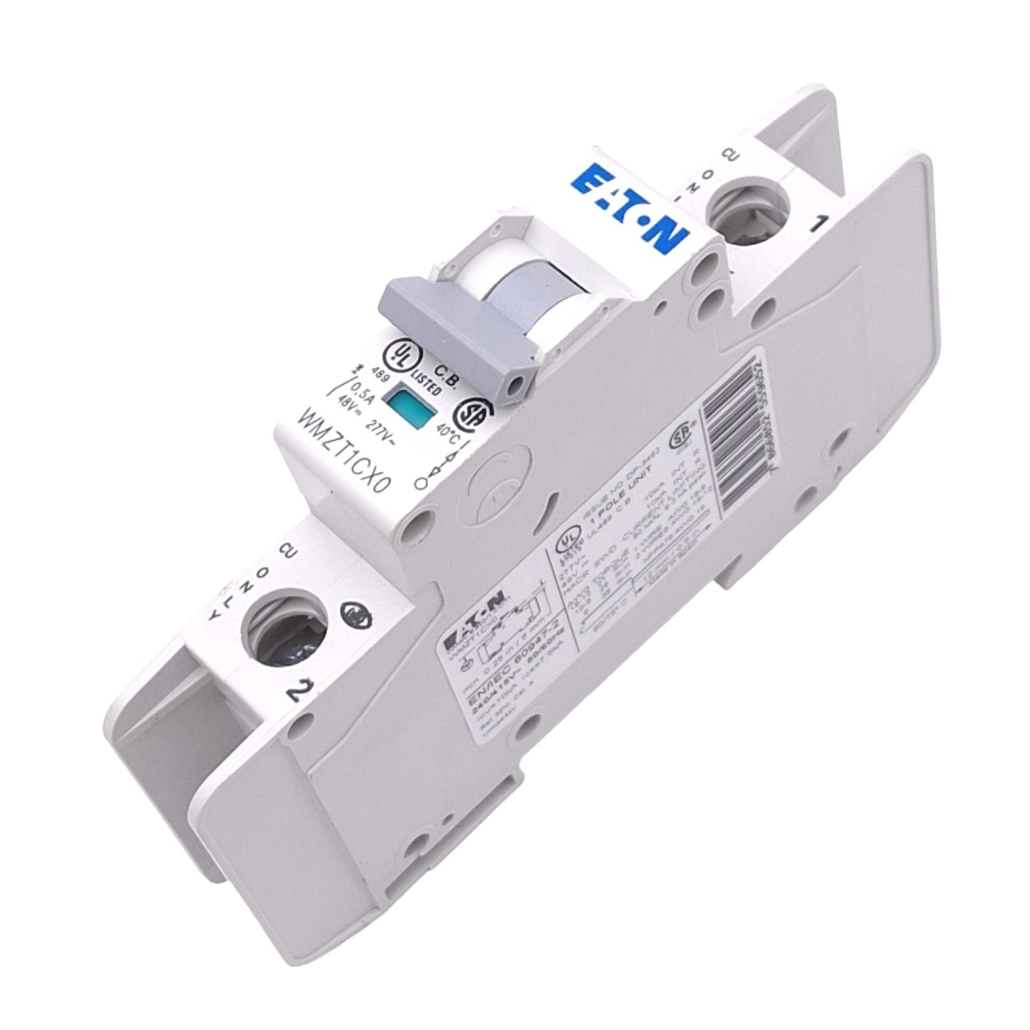 Used Eaton WMZT1CX0 Circuit Breaker, 1-Pole 0.5A, 48VDC 277VAC Max, DIN Rail