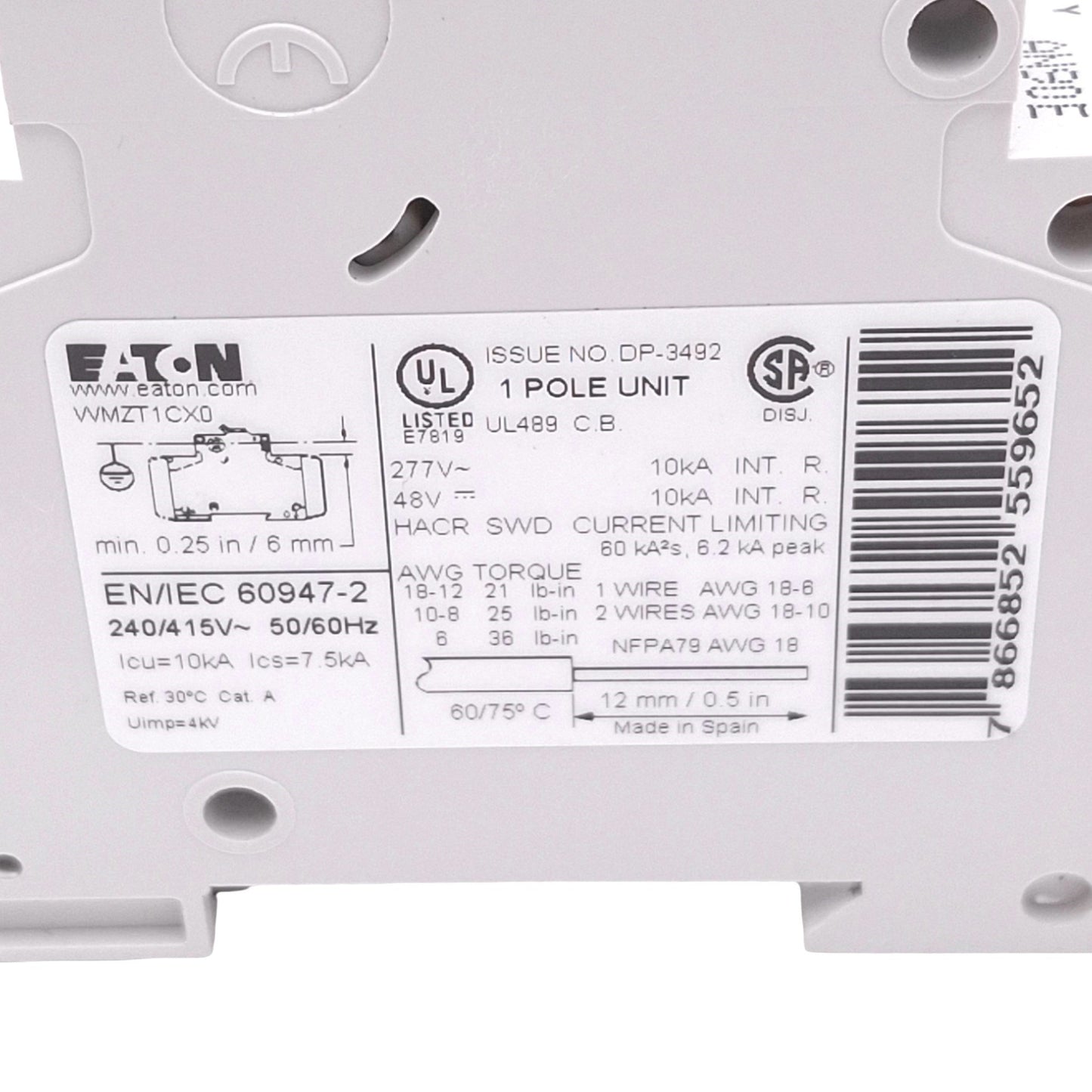 Used Eaton WMZT1CX0 Circuit Breaker, 1-Pole 0.5A, 48VDC 277VAC Max, DIN Rail